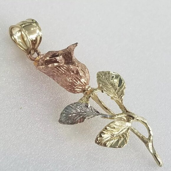 Solid 14k yellow white rose flower Gold pendant charm 3D - Picture 2 of 8